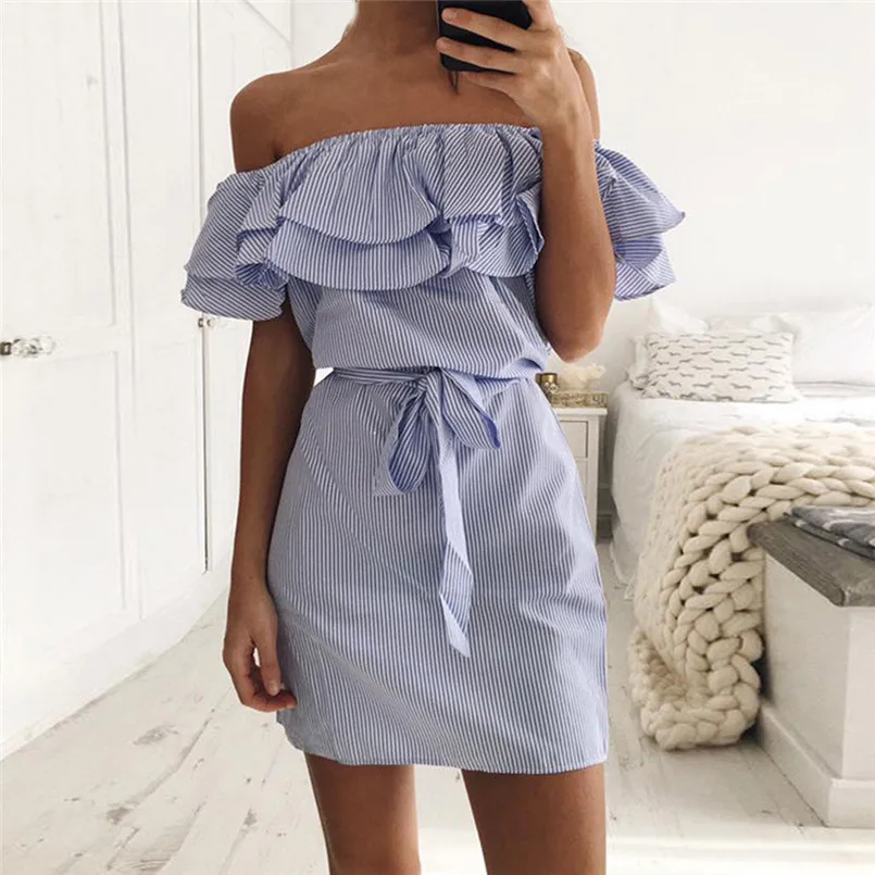 

Women Holiday Strappy Button Pocket Denim Dress Summer Beach Midi Swing Dress Off Shoulder Strapless Striped Ruffles Dress #30