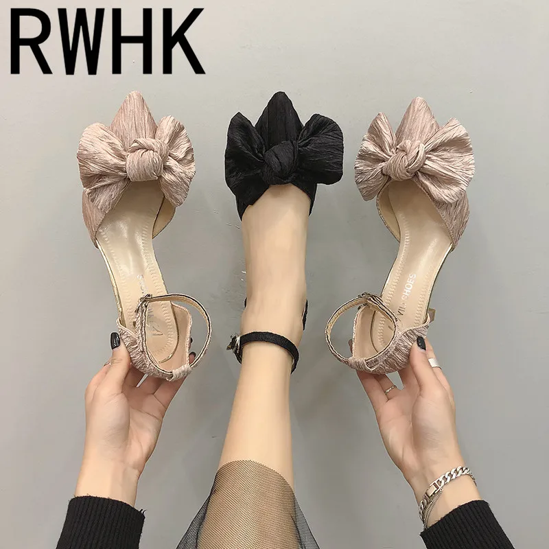 

RWHK Sandals female 2019 spring small fresh bow stiletto heel shoes fashion hollow pointed word buckle single shoes female B248