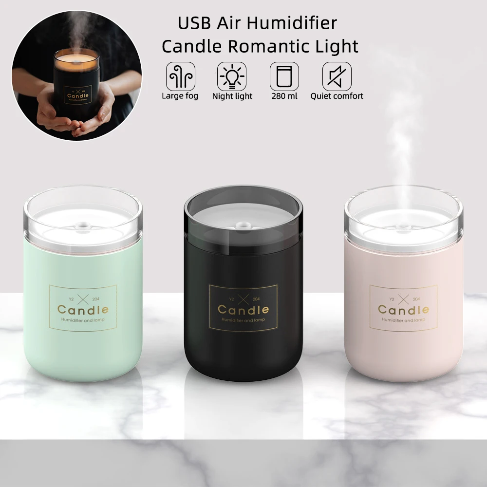 

280ML Ultrasonic Air Humidifier Candle Romantic Soft Light USB Essential Oil Diffuser Car Purifier Aroma Anion Mist Maker 1pcs
