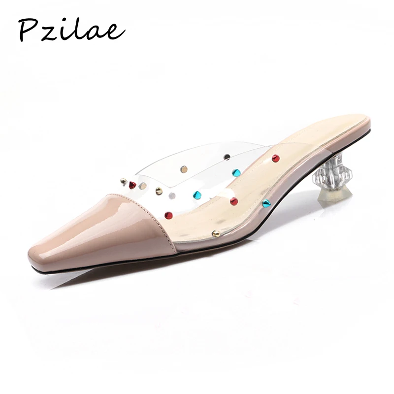 

Pzilae fashion shoes 2019 women patent leather mules women rivet slippers strange style summer shoes woman high heel slippers 33