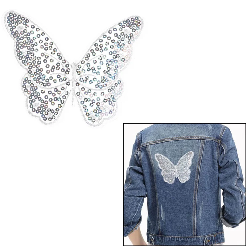 

Embroidered iron on patches for clothes white butterfly sequins deal with it clothing DIY Motif Applique