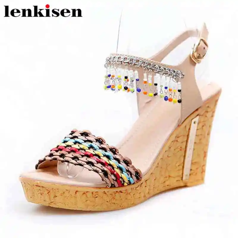 

Lenkisen ethnic colorful decoration leather solid round peep toe super high heels buckle strap wedge women summer sandals L25