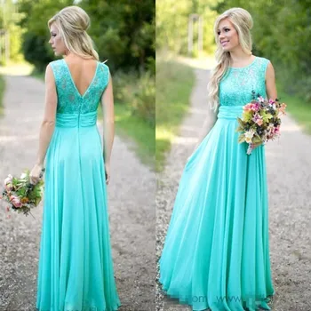 

New Arrival Turquoise Long Chiffon Bridesmaid Dresses 2019 Scoop Neckline Lace Top V Backless Bridesmaid Dresses For Wedding