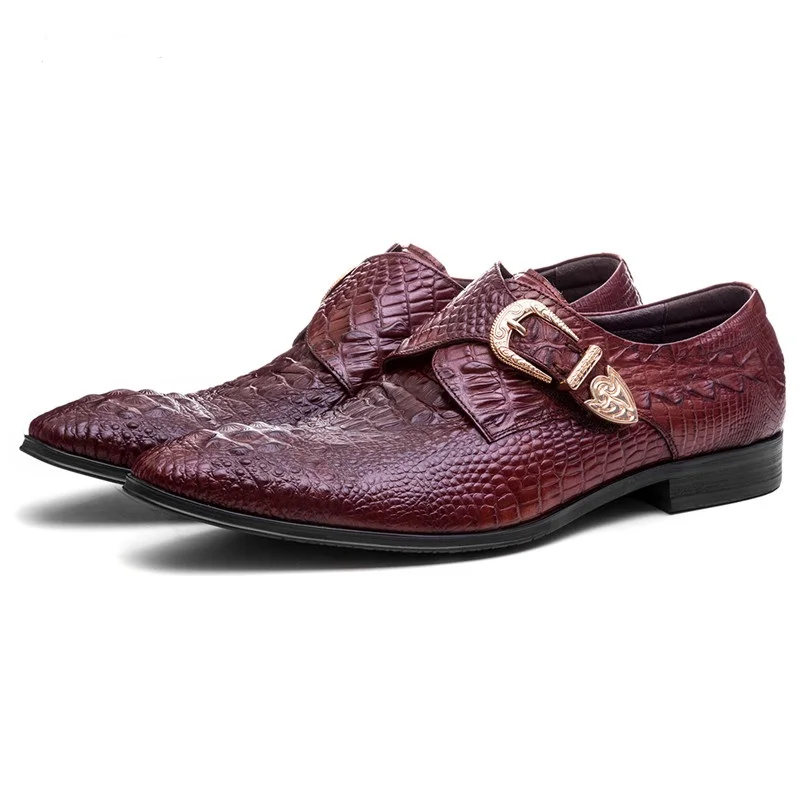 Модельные туфли под крокодиловую кожу винно-красного и черного цвета; мужские деловые туфли из натуральной кожи; официальные свадебные туфли с пряжкой