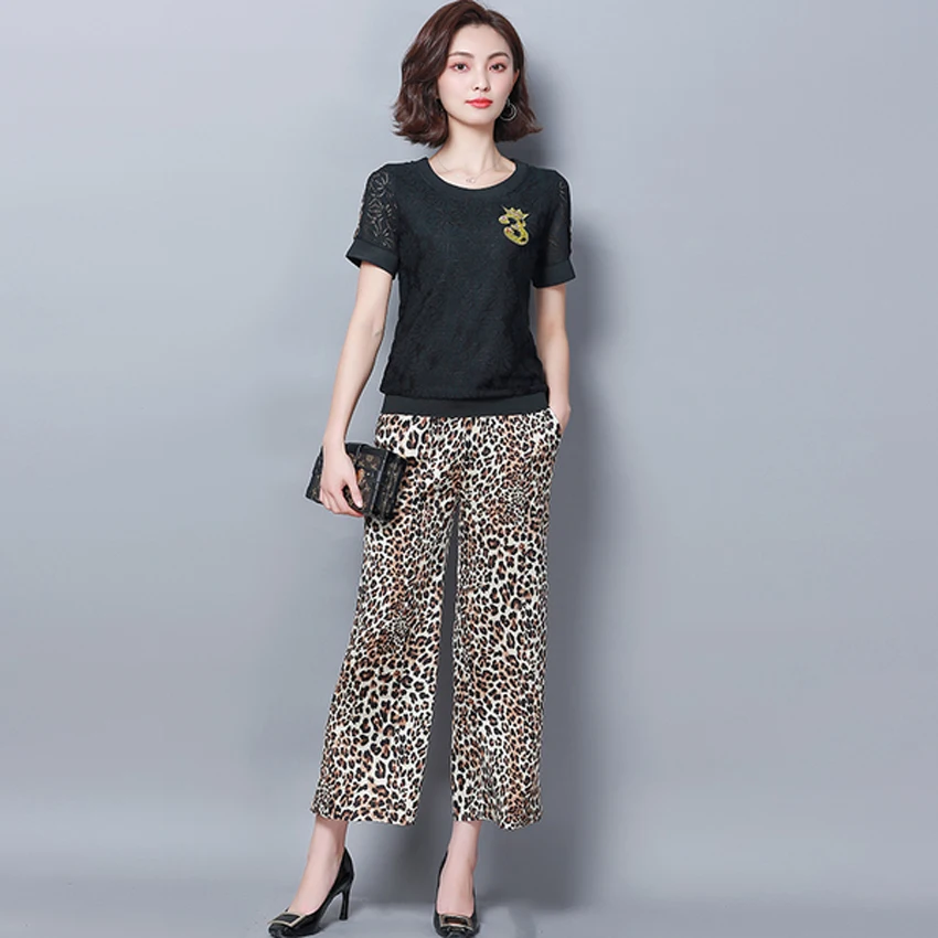 

Leopard 2 Piece Woman Outfit Set Wide Pants suits and Top Plus Size Big Co-ord Set Sportswear 2019 Summer Oversized Clothing