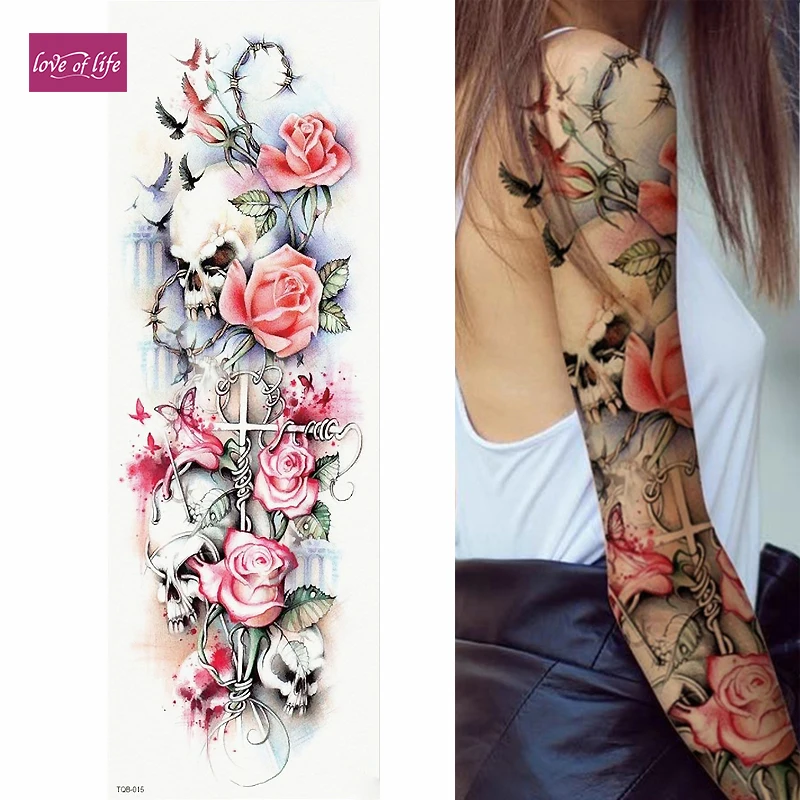 

1 Piece Temporary Tattoo Sticker Cross Skull Roses Pattern Full Flower Tattoo with Arm Body Art Big Large Fake Tattoo