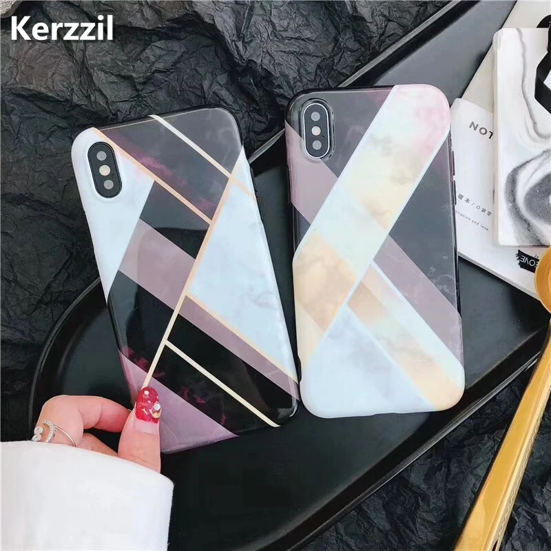 Kerzzil Luxury Geometry Splice Marble Case For iPhone X 10 Colorful Graffiti Candy Soft IMD Back Cover 6 6S 7 8 Plus |