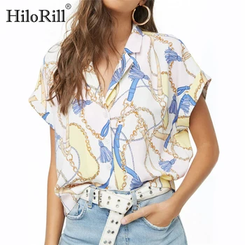 

Summer Chiffon Blouse Casual Batwing Short Sleeve Blouse Women Chain Print Tunic Office Blouse Shirt Plus Size Loose Tops Blusas