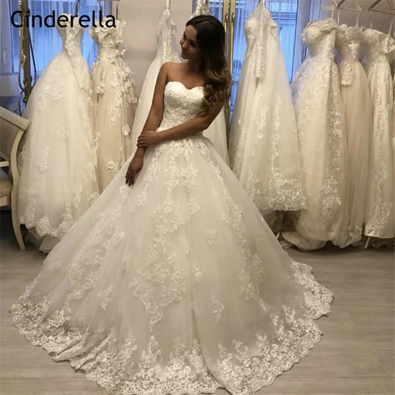 

Cinderella Princess Style Sweetheart Court Train Lace Up Back Tulle Lace Applique Ball Gown Wedding Dresses vestido de noiva