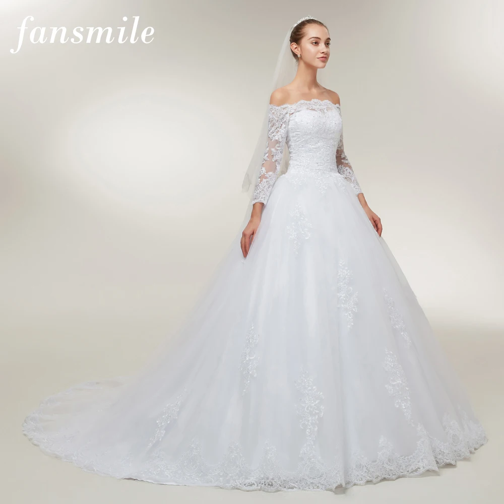 

Fansmile New Arrival Vingtage Tail Lace Wedding Dresses 2019 Vestido De Noiva Custom-made Plus Size Wedding Gowns Tulle FSM-396T