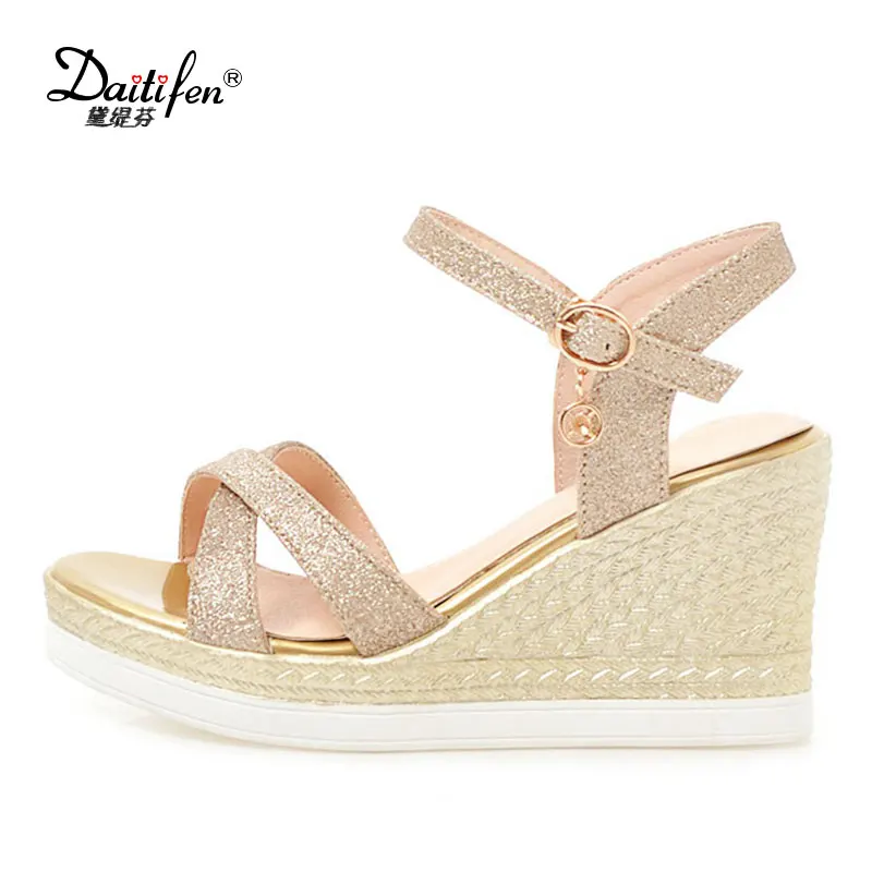 

Daitifen Summer ladies Wedge Sandals girls Wedding Party Bling Platform sandals high heel sandale femme women Ankle strap shoes