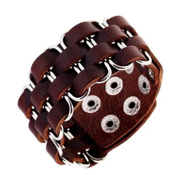 

New High quality leather bracelet men Stainless Steel brown viking bracelets & bangles for women punk rock snap button jewelry