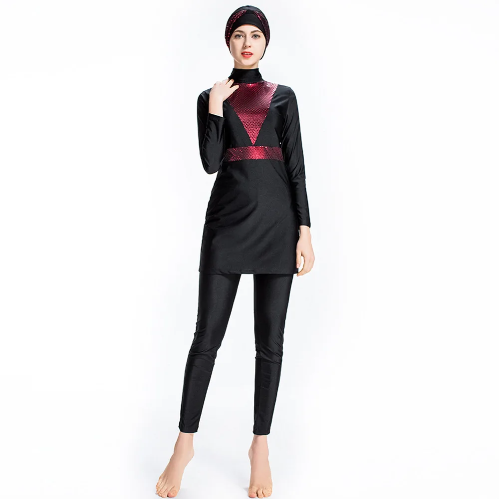 

2019 Splice Full Cover Conservative Swimsuit Women Muslim Swimwear Women Islamic Hijab Beachwear Bikinis Bathing Suit Plus Size