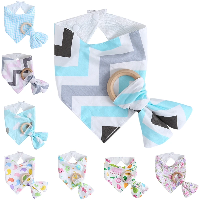 

New Arrival 1Set Infant Kids Baby Feeding Saliva Towel Dribble Triangle Bandana Bibs Teether Ring Baby Toy Gift