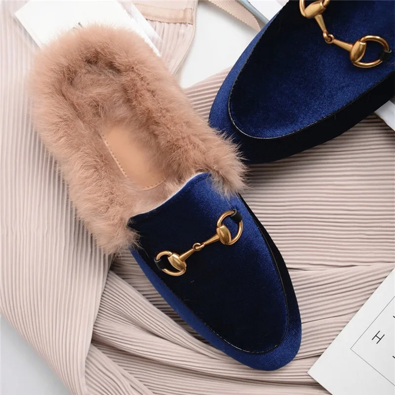 

Plus Size 43 Blue Metal Chain Rabbit Hair Women Fur Slides Slip On Loafers Mules Flip Flops 35-43 Corduroy Velvet Mules Fur