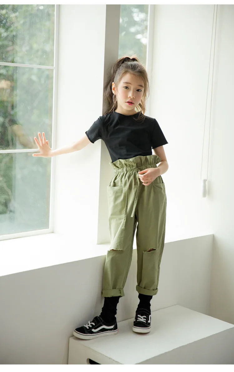 Army Green Broken Hole Pants For Teenage Girls Ruffles Waist Trousers Kids Bottoms Children Fashion 2019 Straight Pant Clothes (9).jpg