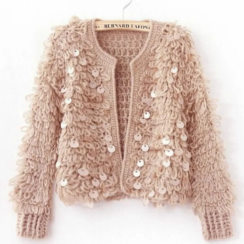 incredible  Woman Sequins Mohair hollow knitted cardigan sweater tassels jacket sequined Fashion short coat Ope