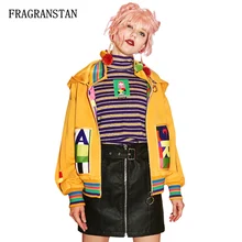 Женский Демисезонный с капюшоном желтая куртка Повседневное Свободные Письмо Полосатый Принт Для женщин пальто Высокое качество верхняя одежда с длинными рукавами JQ781