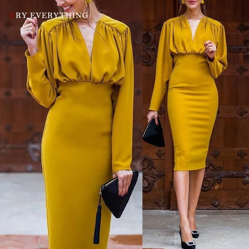 

Elegant Office Dress Women Summer 2019 Yellow Dress Long Sleeve Pencil Dress Draped Ladies V Neck Tunic Party Dresses For Women