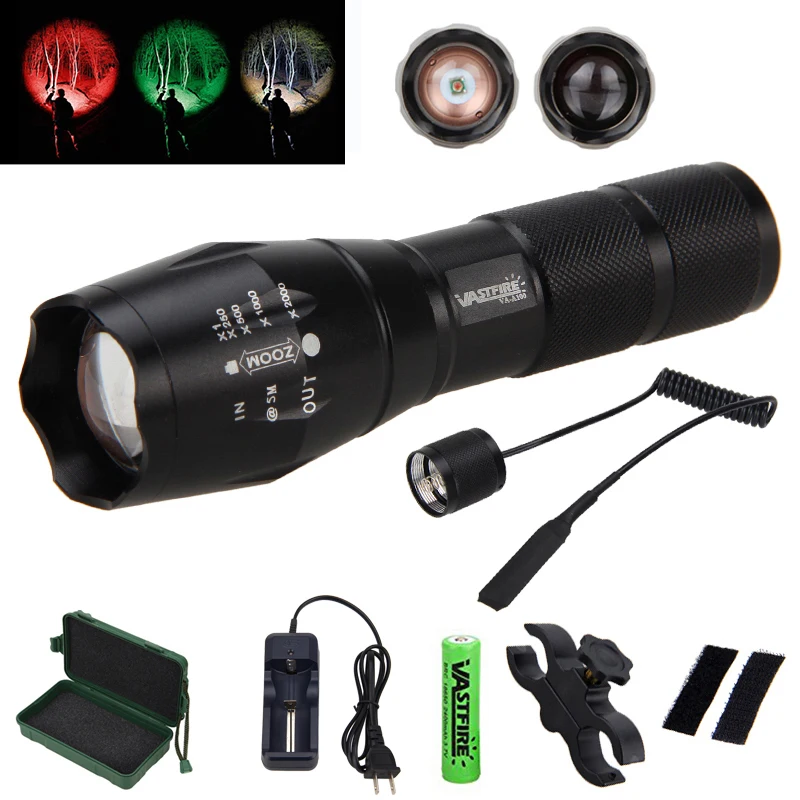 

5000 LM Green/Red/White Hunting Torch Tactical Zoomable Flashlight +Scope Mount+18650 Battery Set+Remote Pressure Switch