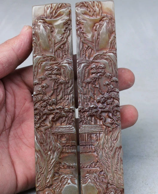 

Folk China ShouShan Stone Hand-carved landscape Scenery Statue Paper Weight Pair