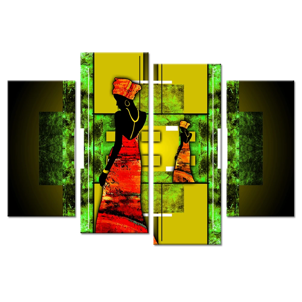 

4 Panel African Ethnic Wall Art Ancient African Girl With Red Dress Female Fashion Art Concept Vintage Style Picture Print