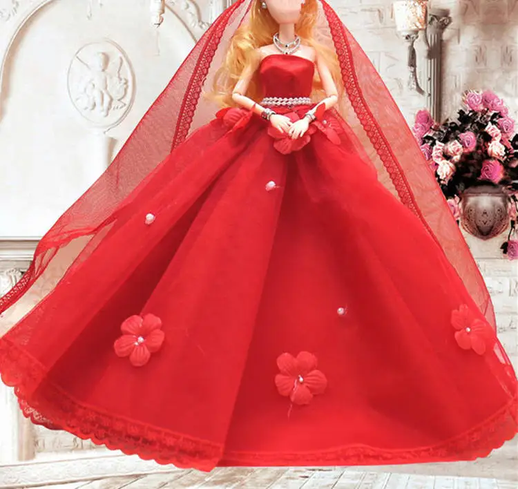 Lace Wedding Dress veil for Barbie Doll,red Wedding Dress for 11.5