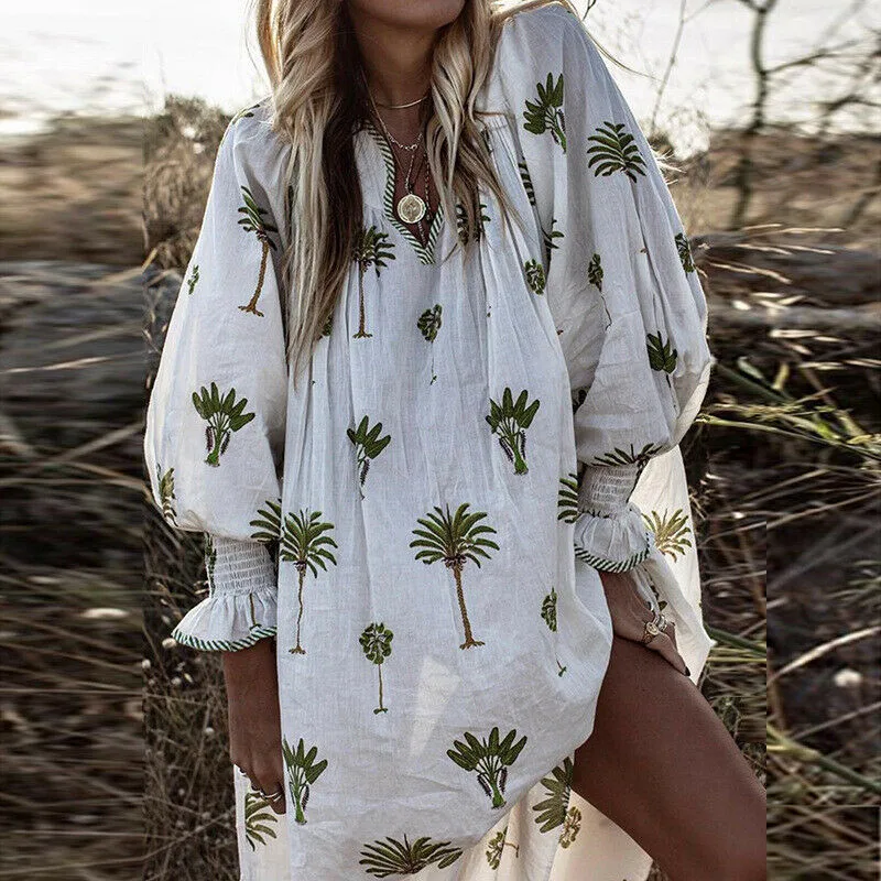 

US 2019 Women V-neck Boho Printing Party Casual Cotton Kaftan Maxi Midi Dress