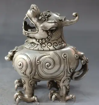 

15CM Chinese FengShui Silver Foo Fu Dog Guardian Lion Incense Burner Censer