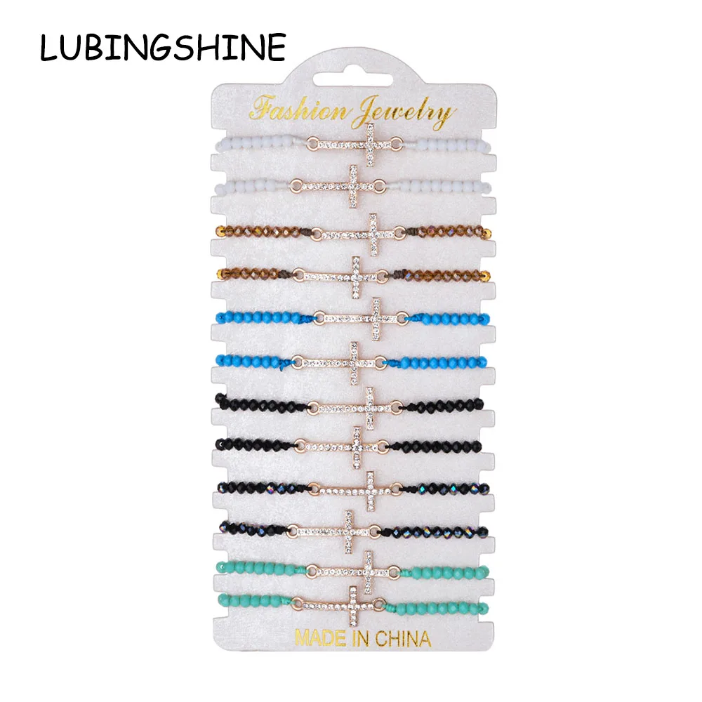

12pcs/Sets Women Crystal Beads Bracelets&Bangles Adjustable Rope Chain Rhinestones Cross Charms Anklet Wristband Jewelry Gifts