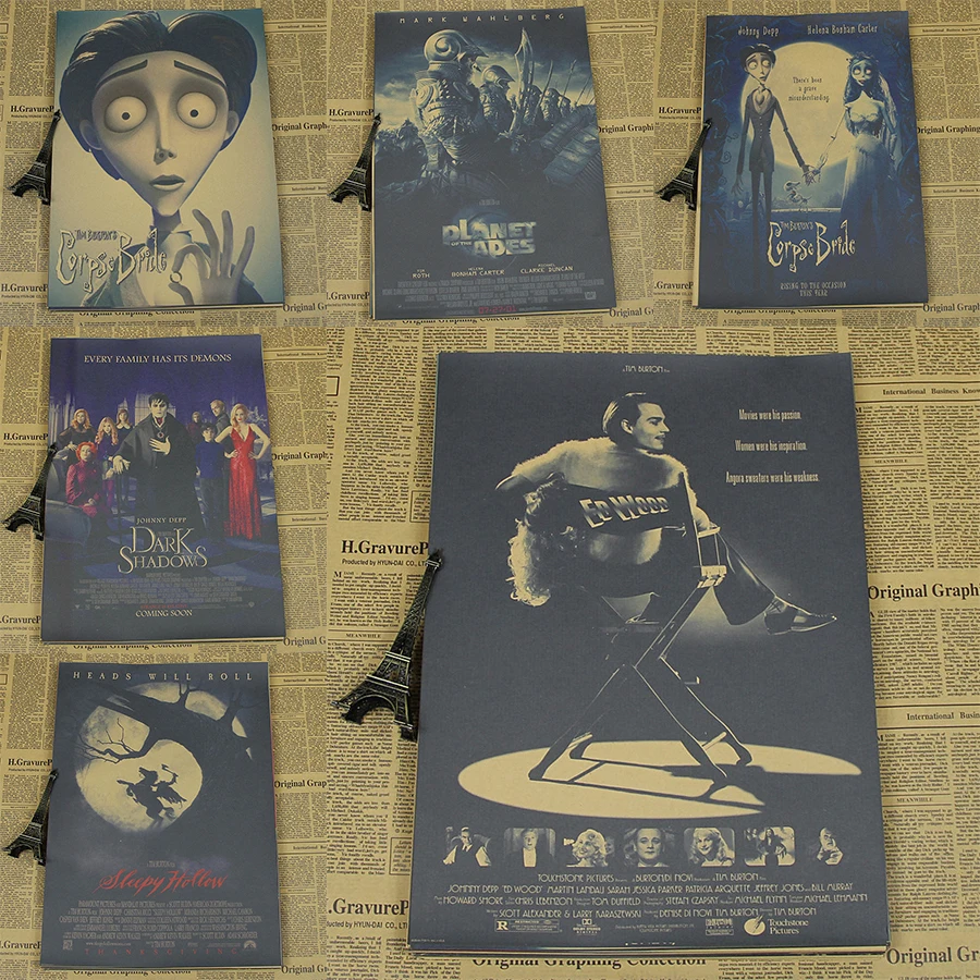 

Burton Tim movie poster, brown paper, decorative painting, Ed Wood corpse bride haircut