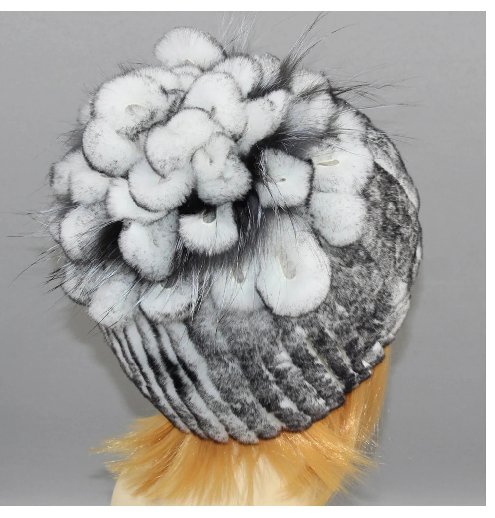 Женская шапочка кролика рекс зима натуральная меховая шапка головной убор цветок лисий мех леди помпон из натурального меха вязаный головной убор