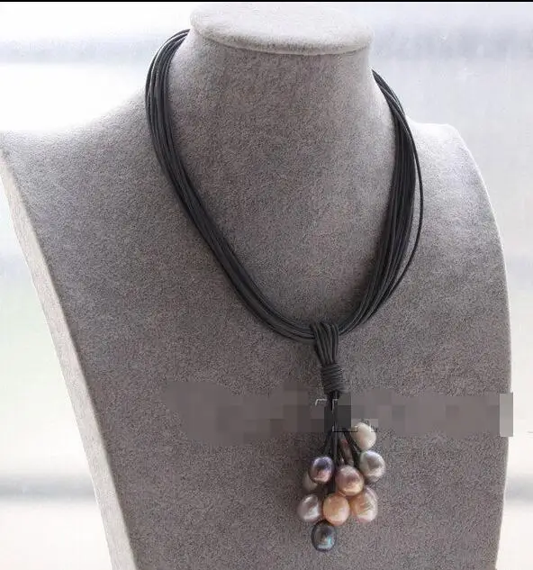 

Free shipping hot sale Women Bridal Wedding Jewelry >>15Strands grey leather pink black gray pearl Choker necklace pendant