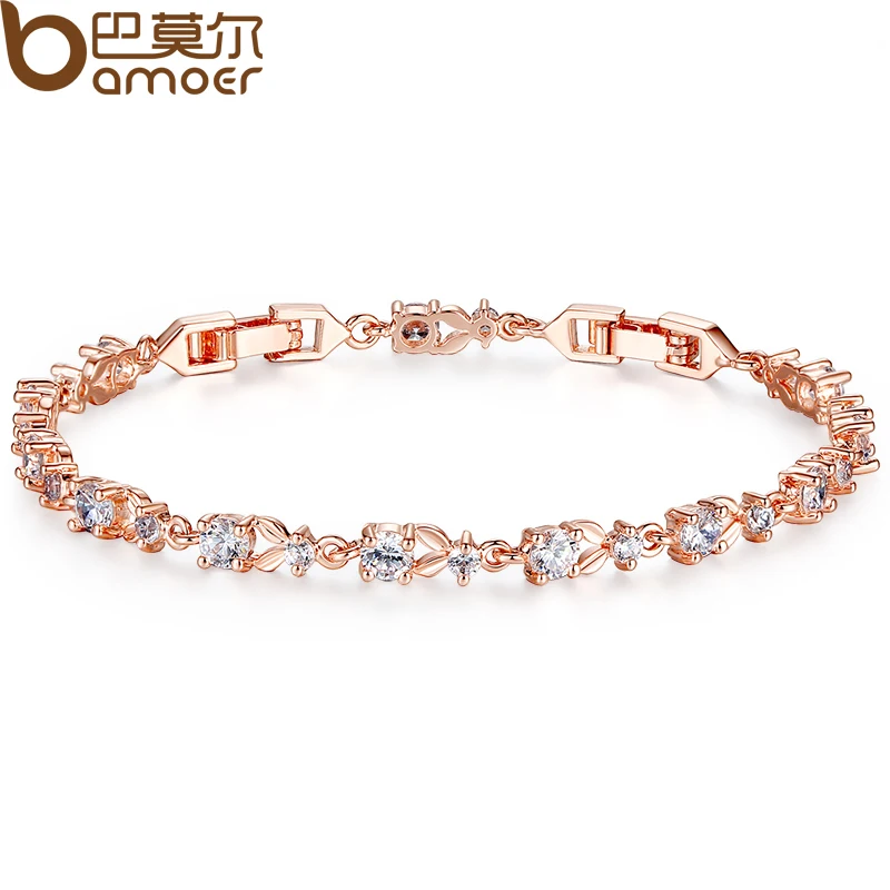 BAMOER 6 Colors Luxury 18K Rose Gold Plated Chain Bracelet for Women Ladies Shining AAA Cubic Zircon Crystal Jewelry JIB013