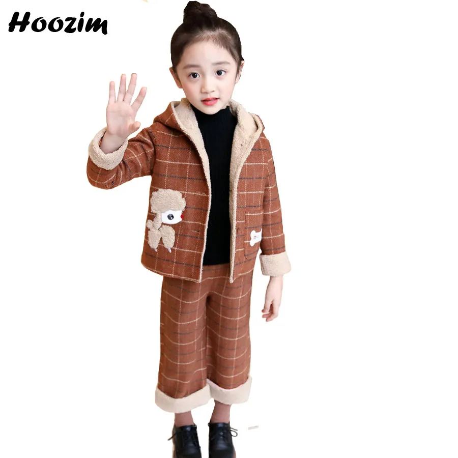 

winter teenage girls clothing set 10 11 12 years cute princess cartoon jacket+plaid pants children fashion brown suit for girls