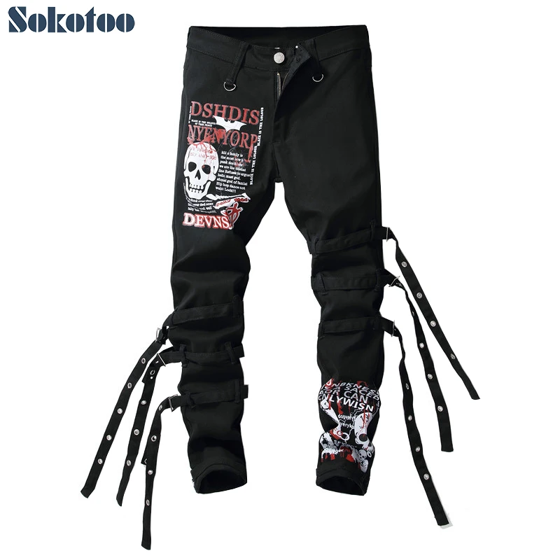 Sokotoo Men's skull letters printed black jeans Trendy slim fit straight denim pants Sokotoo Men's skull letters printed black jeans Trendy slim fit straight denim pants