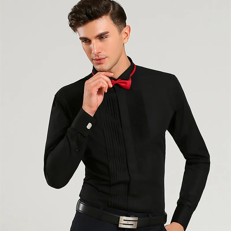 Высококачественная французская запонка смокинг рубашки slim Fit с длинным рукавом жениха Свадебные вечерние мужские рубашки с галстуком бесплатно