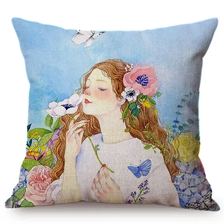 Nordic Beautiful Girl Cute Self-Portrait Sofa Decorative Cushion Cover Flower Butterfly Room Small Fresh Decor Throw Pillow Case K89-7