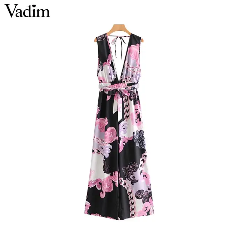 

Vadim women stylish chain print jumpsuits deep V neck backless sleeveless sashes back zipper female casual wear playsuits KA735