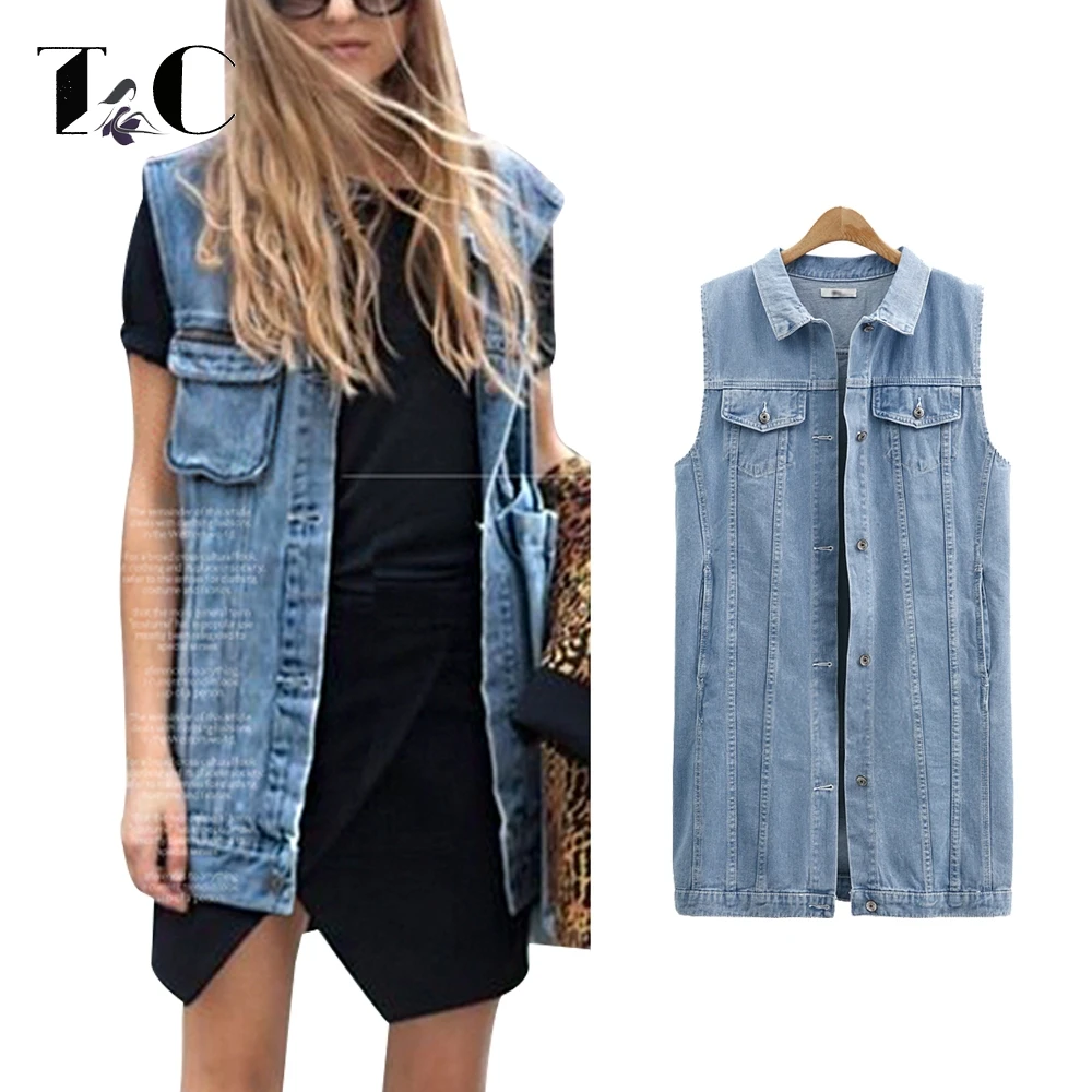 TC 2017 Summer Autumn Long Denim Vests Fashion Button Jeans Jacket Tops