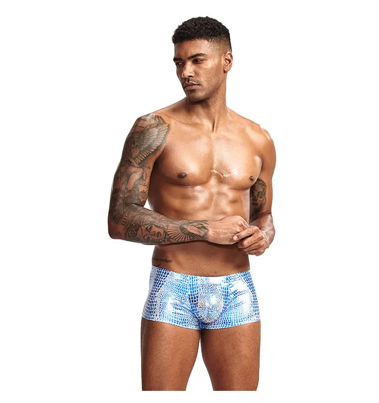 Snake Skin Leather Sexy Mens Underwear Boxers Brand Open Front Crotchless Boxer Shorts Men U Convex Low Waist Male Underpants