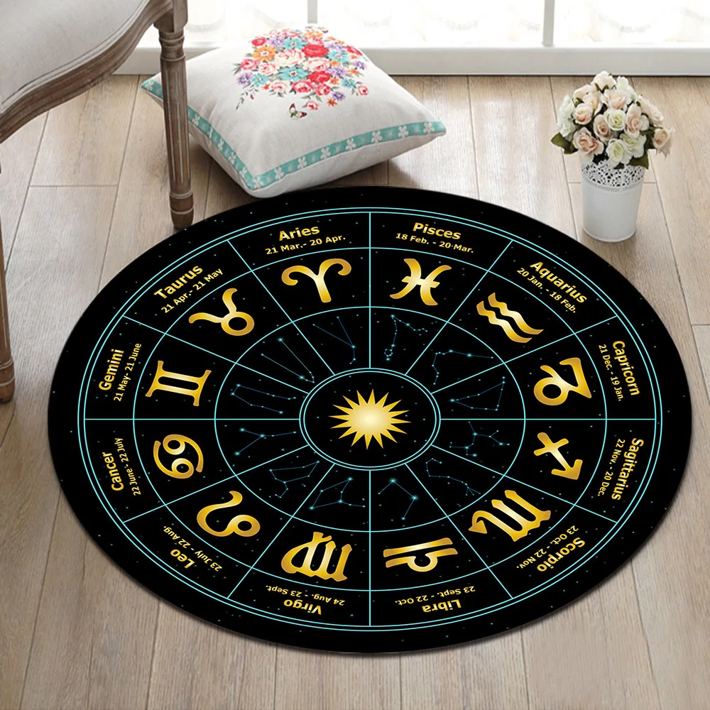 

12 Constellations Art Round Area Rug And Memory Foam Carpet for Kids Baby Home Living Room Zodiac Sign Bedroom Cushion Bath Mat
