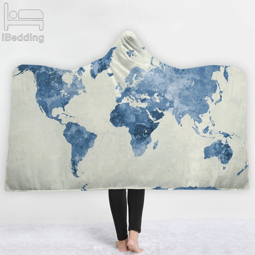 16 Styles World Map Earth 3D Printed Plush Hooded Blanket for Beds Warm