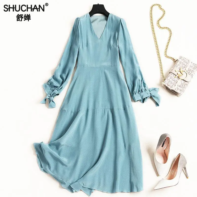 

Shuchan The Sky Blue Ladies Long Casual Dresses V-neck New Women's Clothing In 2019 Slim Fit Women Designers Dresses 50309