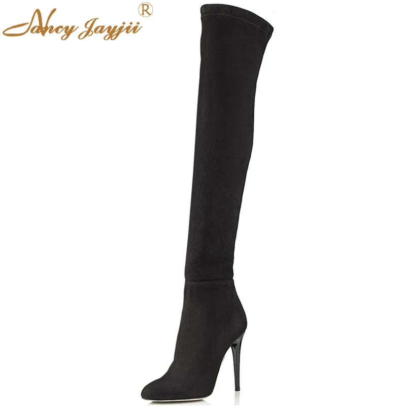 Пикантные женские высокие сапоги в западном стиле; водонепроницаемые черные сапоги до бедра на высоком каблуке с круглым носком; Zapatos; большие размеры 4-16; Nancyjayjii