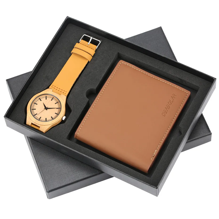 

Fashion Brown Leather Wallet + Nature Bamboo Wooden Watch Men Gift Set Box for Male Quartz Men's Watches Casual Man Money Bag