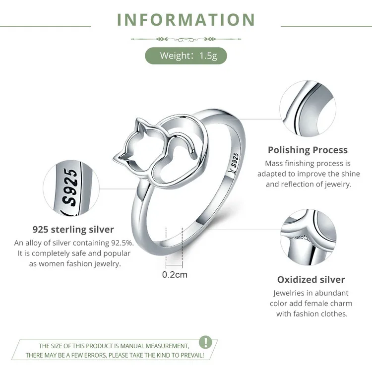 BAMOER, Настоящее серебро 925 пробы, кольцо на палец в виде маленького кота и сердца для женщин, ювелирное изделие из стерлингового серебра, подарок SCR104