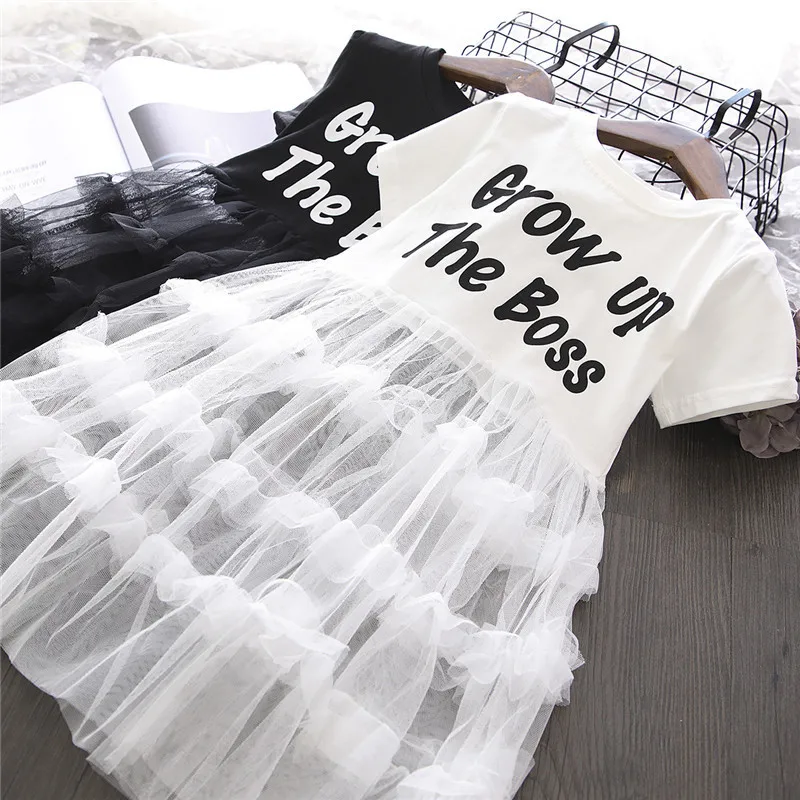 

Baby Girls Summer Print Letter Princess Dress Kid School Lovely Party Perform Elegant Fashion Dance Mesh Dress For Girls