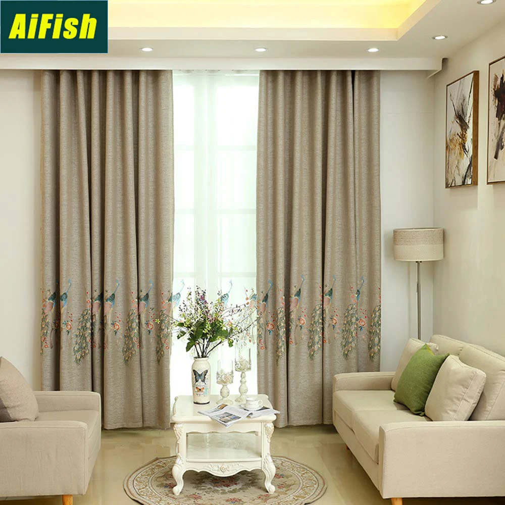 

Luxury Peacock Embroidered Blackout Thermal Linen Curtains Bedroom Customized Floral Curtain White Tulle for Living Room TM0074