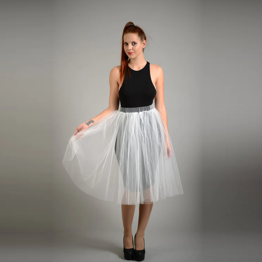 White Sheer Sexy Skirt Elastic Waistline A Line Knee Length Two Layers